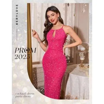 BeryLove Cocktail Evening Sequin Prom Dress Formal Wedding Guest Glitter Sparkly Long Dresses Sparkly Birthday Bodycon Dress 0032 Rose Red L