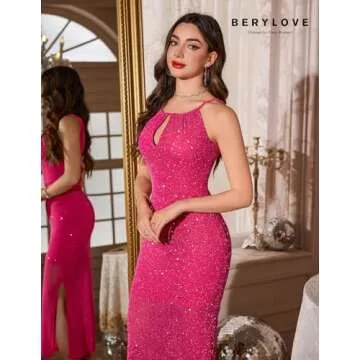 BeryLove Cocktail Evening Sequin Prom Dress Formal Wedding Guest Glitter Sparkly Long Dresses Sparkly Birthday Bodycon Dress 0032 Rose Red L