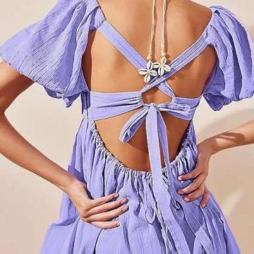 Women's Casual Summer Dress Babydoll Style with Statement Puff Sleeves, Pleated Detailing and Cinch Tie-Back Mini Dress (as1, alpha, m, regular, regular, Purple)