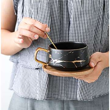 Jusalpha 10 oz Golden Hand Print Tea Cup And Saucer Set/Coffee Cup And Bamboo Saucer Set TCS19 (Black)