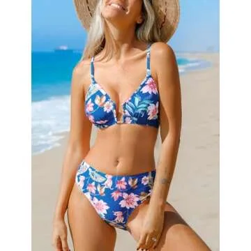 CUPSHE Women Swimsuit Bikini Sets Criss Cross Back Tie Mid Rise Ruched Retro Floral Bathing Suit