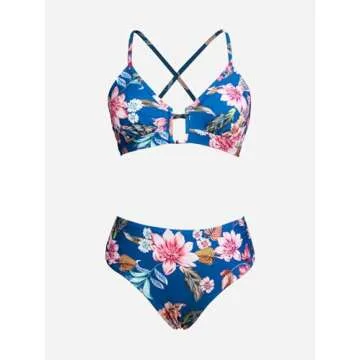 CUPSHE Women Swimsuit Bikini Sets Criss Cross Back Tie Mid Rise Ruched Retro Floral Bathing Suit
