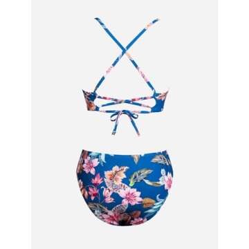 CUPSHE Women Swimsuit Bikini Sets Criss Cross Back Tie Mid Rise Ruched Retro Floral Bathing Suit