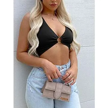 AEVZIV Sexy Crop Tops for Women Sleeveless Deep V Neck Workout Tops Plunge Ring Cleavage Cropped Tank Top Black M