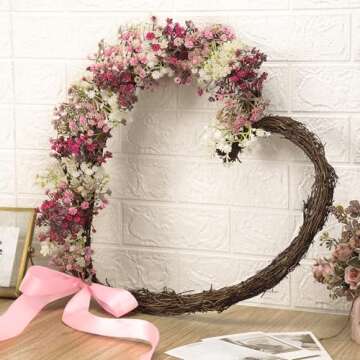 Dingion 18 Inch Spring Summer Floral Wreaths for Front Door, Artificial Heart Shaped Pink Wreath Val...