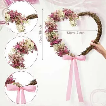 Dingion 18 Inch Spring Summer Floral Wreaths for Front Door, Artificial Heart Shaped Pink Wreath Valentines Day Decoration for Wedding Farmhouse Porch Anniversary Home Decoration