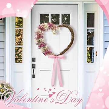Dingion 18 Inch Spring Summer Floral Wreaths for Front Door, Artificial Heart Shaped Pink Wreath Valentines Day Decoration for Wedding Farmhouse Porch Anniversary Home Decoration