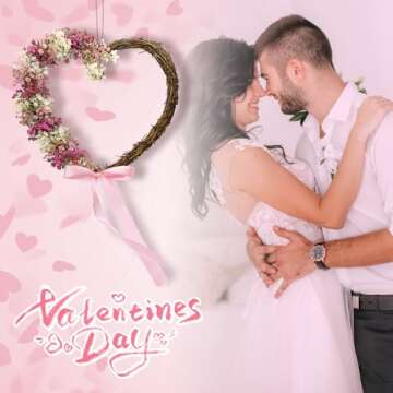 Dingion 18 Inch Spring Summer Floral Wreaths for Front Door, Artificial Heart Shaped Pink Wreath Valentines Day Decoration for Wedding Farmhouse Porch Anniversary Home Decoration