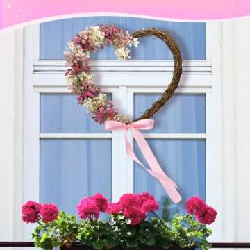 Dingion 18 Inch Spring Summer Floral Wreaths for Front Door, Artificial Heart Shaped Pink Wreath Valentines Day Decoration for Wedding Farmhouse Porch Anniversary Home Decoration