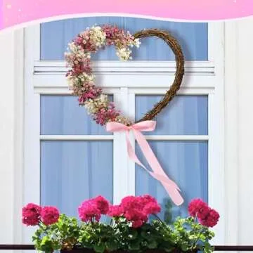 Dingion 18 Inch Spring Summer Floral Wreaths for Front Door, Artificial Heart Shaped Pink Wreath Valentines Day Decoration for Wedding Farmhouse Porch Anniversary Home Decoration