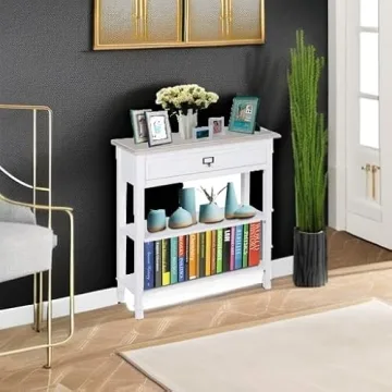 kinbor Accent White Console Table with Drawer and Shelf, Wood Sofa Table with Storage for Entryway Hallway Living Room