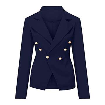 DESKABLY Blazers for Women Fashion Business Jacket Casual Office Slim Long Sleeve Coat Suit Lapel Button Work Elegant Outwear Navy