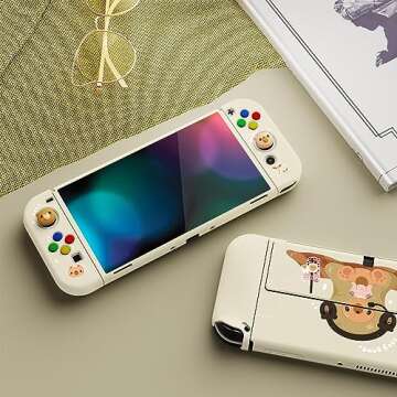 PlayVital ZealProtect Soft Protective Case for Nintendo Switch OLED, Flexible Protector Joycon Grip Cover for Nintendo Switch OLED w/Thumb Grips & ABXY Direction Button Cap - Cozy Gamer Bear