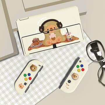 PlayVital ZealProtect Soft Protective Case for Nintendo Switch OLED, Flexible Protector Joycon Grip Cover for Nintendo Switch OLED w/Thumb Grips & ABXY Direction Button Cap - Cozy Gamer Bear