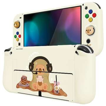 PlayVital ZealProtect Soft Protective Case for Nintendo Switch OLED, Flexible Protector Joycon Grip Cover for Nintendo Switch OLED w/Thumb Grips & ABXY Direction Button Cap - Cozy Gamer Bear