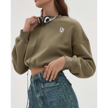 CHYRII Women Oversized Cropped Sweatshirt Fleece Crewneck Pullover Long Sleeve Crop Tops Fall Winter Oufits Clothes Martini Olive M