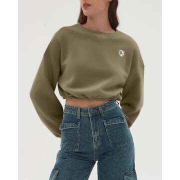 CHYRII Women Oversized Cropped Sweatshirt Fleece Crewneck Pullover Long Sleeve Crop Tops Fall Winter Oufits Clothes Martini Olive M