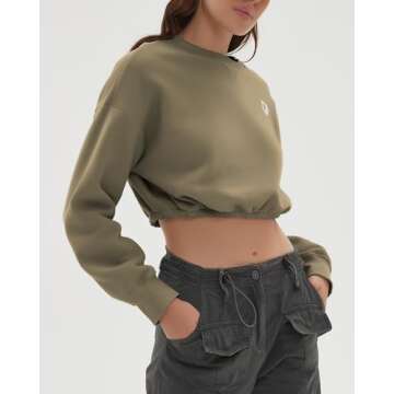 CHYRII Women Oversized Cropped Sweatshirt Fleece Crewneck Pullover Long Sleeve Crop Tops Fall Winter Oufits Clothes Martini Olive M