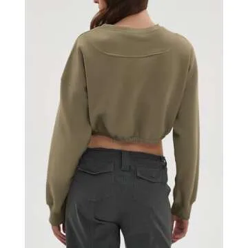 CHYRII Women Oversized Cropped Sweatshirt Fleece Crewneck Pullover Long Sleeve Crop Tops Fall Winter Oufits Clothes Martini Olive M