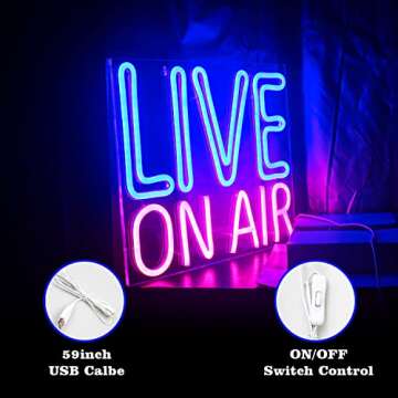 LookLight Live On Air Neon Sign,Neon Light Sign,Light Up Neon Signs for Wall Decor,Led Signs for Live On Air,Bedroom Decor,Neon Sign USB Connectivity For Broadcasting Room Wall Decor Bar Club Decor