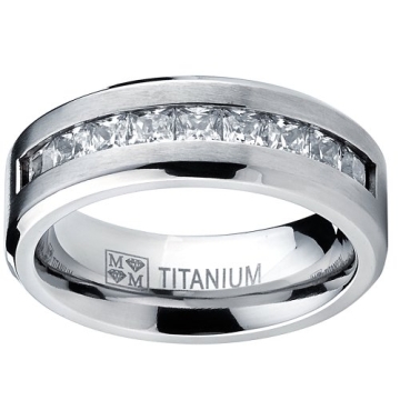 Titanium Men's Wedding Band with Princess Cut CZ - Size 10