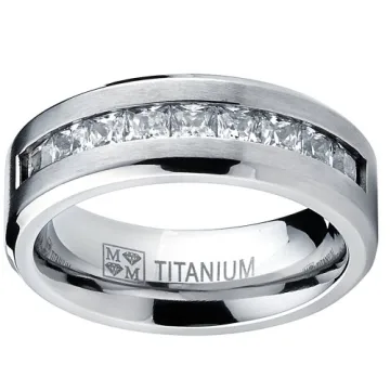 Titanium Men's Wedding Band with Princess Cut CZ - Size 10