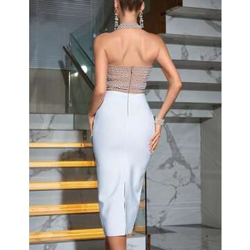 Fashion Patchwork Beaded Halter Backless Sexy Bandage Dress Bodycon Celebrity Evening Club Party Dre...