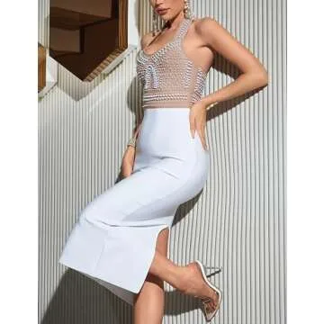 Fashion Patchwork Beaded Halter Backless Sexy Bandage Dress Bodycon Celebrity Evening Club Party Dress (White, S)