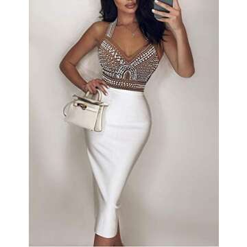 Fashion Patchwork Beaded Halter Backless Sexy Bandage Dress Bodycon Celebrity Evening Club Party Dress (White, S)
