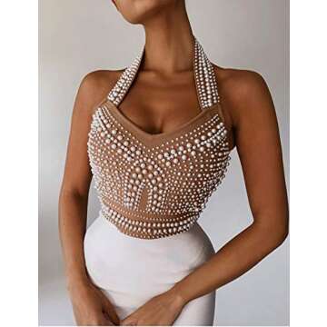 Fashion Patchwork Beaded Halter Backless Sexy Bandage Dress Bodycon Celebrity Evening Club Party Dress (White, S)
