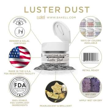 BAKELL Edible Luster Dust & Paint | LUSTER DUST Edible Powder | KOSHER Certified Paint, Powder & Dust | 100% Edible & Food Grade| Cakes, Vegan Paint & Dust (Moonstone Black, 4g)