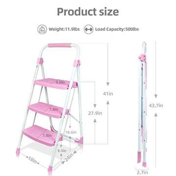 TOOLITIN 3 Step Ladder - Portable & Safe Folding Stool