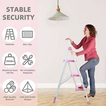 TOOLITIN 3 Step Ladder - Portable & Safe Folding Stool