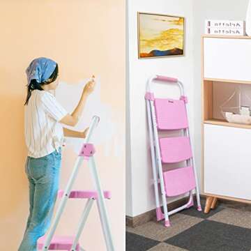 TOOLITIN 3 Step Ladder - Portable & Safe Folding Stool