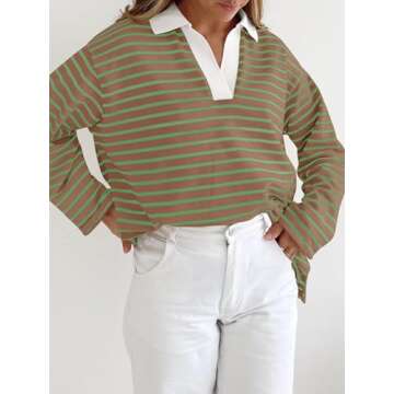 ZESICA Womens Striped Long Sleeve Tops Oversized Sweatshirt V Neck Loose Fit Tunic Tops Spring Casua...