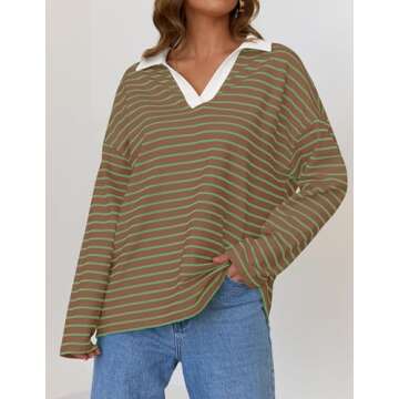 ZESICA Womens Striped Long Sleeve Tops Oversized Sweatshirt V Neck Loose Fit Tunic Tops Spring Casual Blouses,Khaki,Large