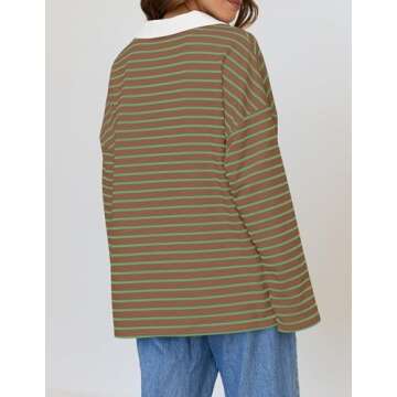ZESICA Womens Striped Long Sleeve Tops Oversized Sweatshirt V Neck Loose Fit Tunic Tops Spring Casual Blouses,Khaki,Large