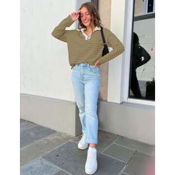 ZESICA Womens Striped Long Sleeve Tops Oversized Sweatshirt V Neck Loose Fit Tunic Tops Spring Casual Blouses,Khaki,Large