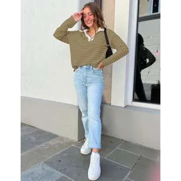 ZESICA Womens Striped Long Sleeve Tops Oversized Sweatshirt V Neck Loose Fit Tunic Tops Spring Casual Blouses,Khaki,Large