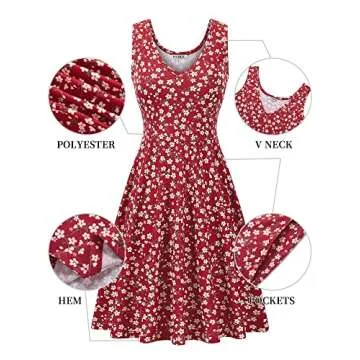 HUHOT Sun Dresses Women Casual Summer Graduation Easter Dresses Sundresses for Juniors Wedding Guest Wine Red Floral Flared Midi Tank Dress with Pockets Spring Dresses for Women 2025