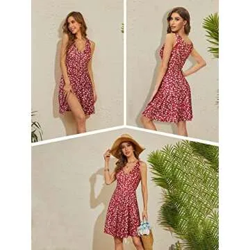 HUHOT Sun Dresses Women Casual Summer Graduation Easter Dresses Sundresses for Juniors Wedding Guest Wine Red Floral Flared Midi Tank Dress with Pockets Spring Dresses for Women 2025