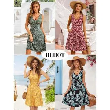 HUHOT Sun Dresses Women Casual Summer Graduation Easter Dresses Sundresses for Juniors Wedding Guest Wine Red Floral Flared Midi Tank Dress with Pockets Spring Dresses for Women 2025