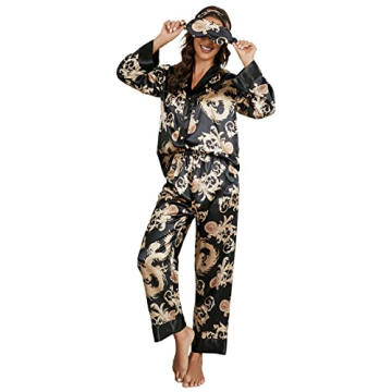 Arwser Women's Silk Satin Pajamas Set 4pcs Long Sleeve Button Down Sleepwear V-Neck Printed Dragon P...