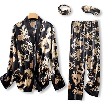 Arwser Women's Silk Satin Pajamas Set 4pcs Long Sleeve Button Down Sleepwear V-Neck Printed Dragon Pjs Black