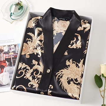 Arwser Women's Silk Satin Pajamas Set 4pcs Long Sleeve Button Down Sleepwear V-Neck Printed Dragon Pjs Black