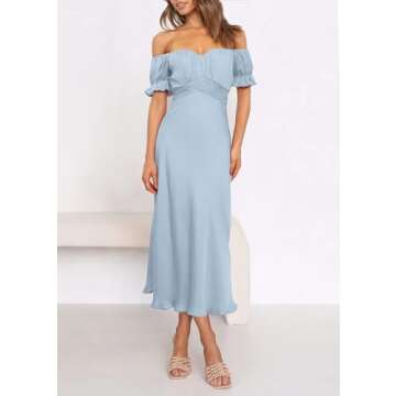 KIRUNDO Women's 2024 Summer Satin Midi Dress Off Shoulder Wrap Ruched Wedding Guest Party Cocktail Formal Prom Dresses(Light Blue, Small)