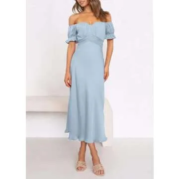KIRUNDO Women's 2024 Summer Satin Midi Dress Off Shoulder Wrap Ruched Wedding Guest Party Cocktail Formal Prom Dresses(Light Blue, Small)