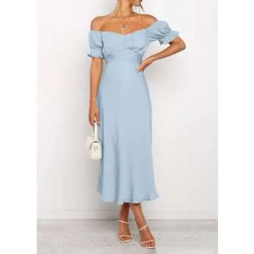 KIRUNDO Women's 2024 Summer Satin Midi Dress Off Shoulder Wrap Ruched Wedding Guest Party Cocktail Formal Prom Dresses(Light Blue, Small)