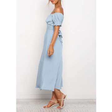 KIRUNDO Women's 2024 Summer Satin Midi Dress Off Shoulder Wrap Ruched Wedding Guest Party Cocktail Formal Prom Dresses(Light Blue, Small)