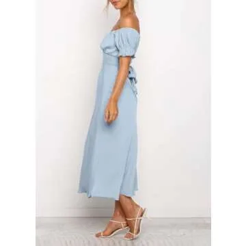 KIRUNDO Women's 2024 Summer Satin Midi Dress Off Shoulder Wrap Ruched Wedding Guest Party Cocktail Formal Prom Dresses(Light Blue, Small)